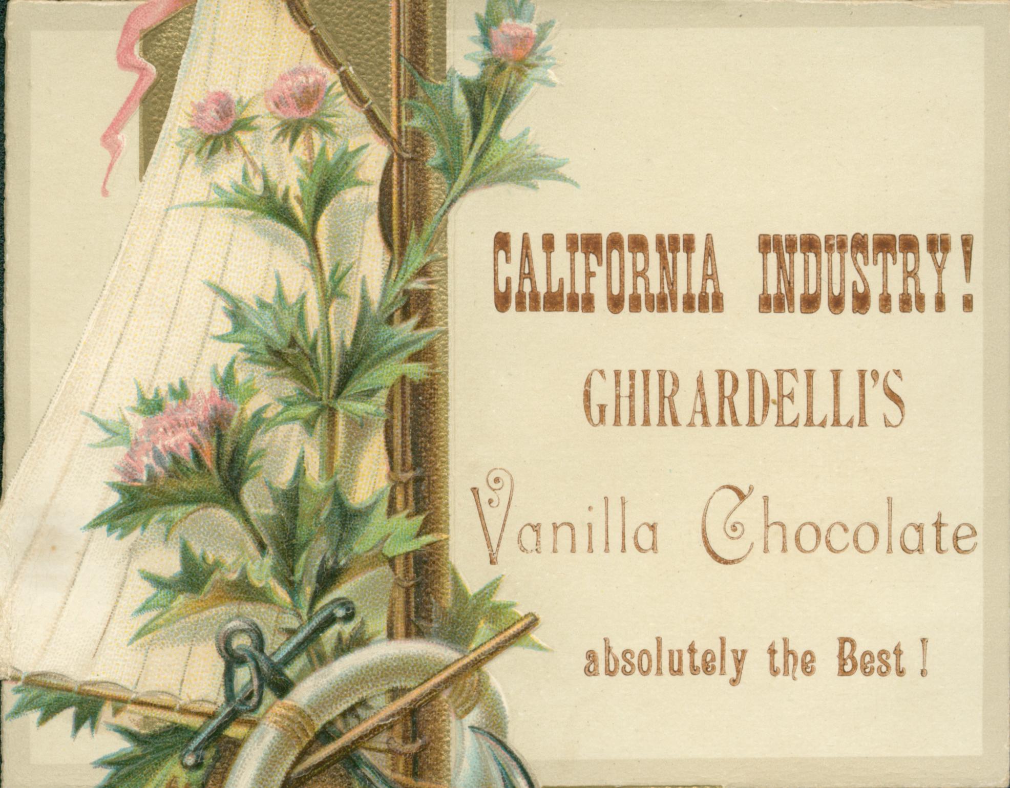 This Trade card shows a thistle in bloom climbing up the side of a sail. The title is to the right.